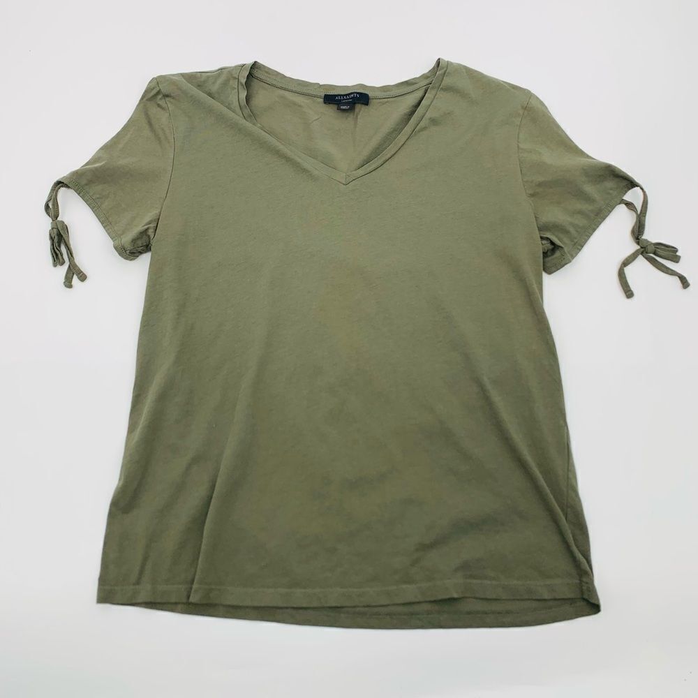 AllSaints | Women's V-Neck Olive green Top with Tie Sleeves - Picture 2 of 8